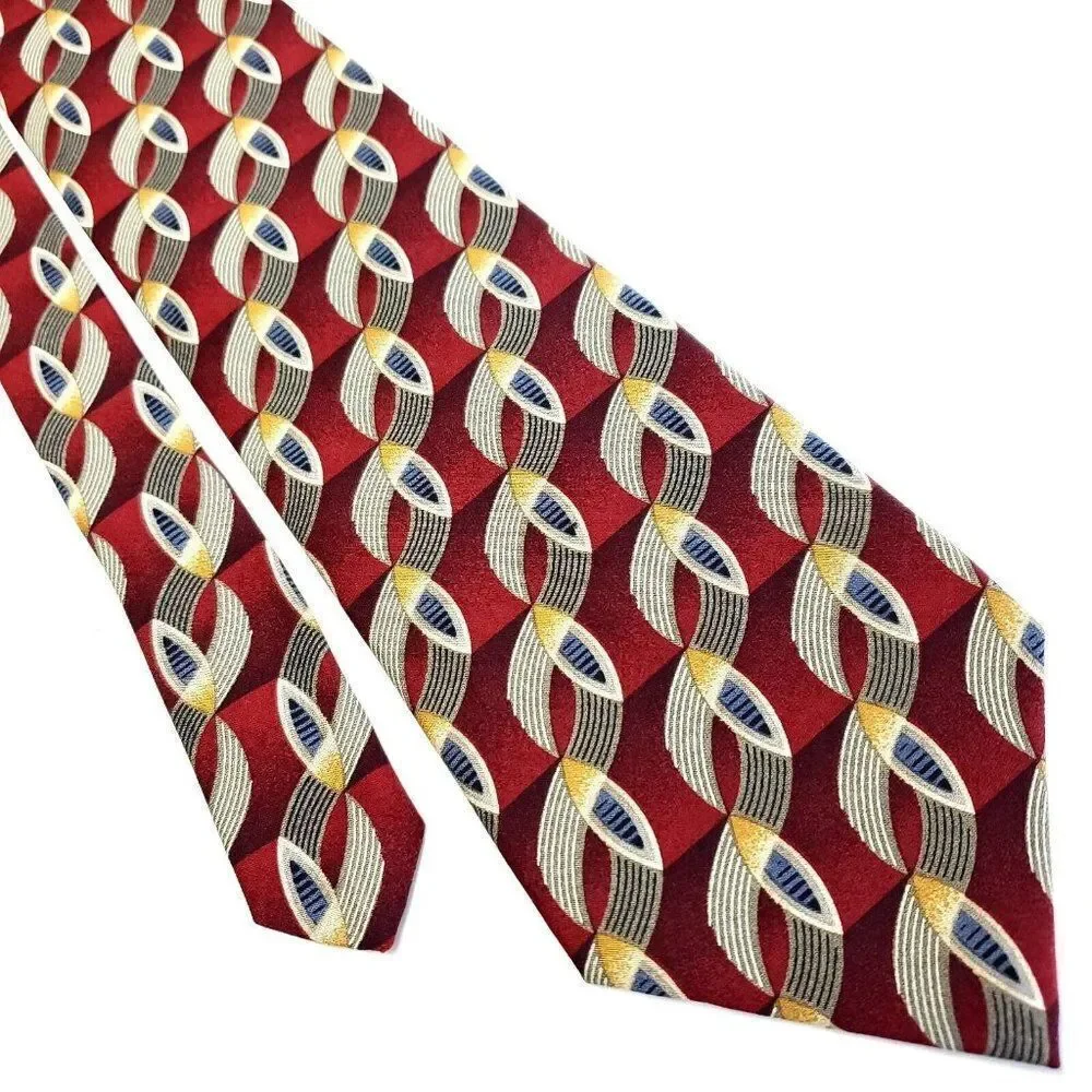 Perry Ellis Portfolio‎ Red Beige Silk Tie Woven Short Wide Geometric